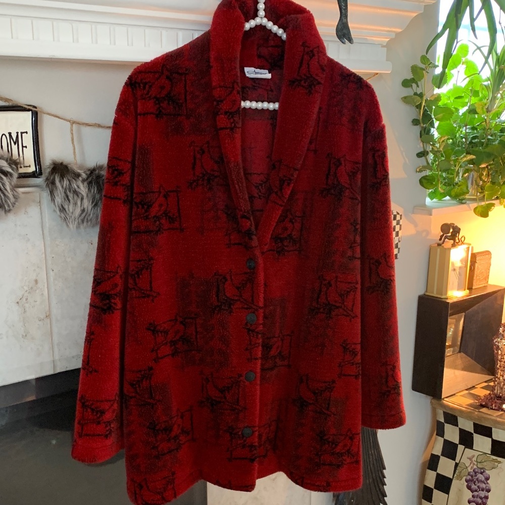 NWOT Red Fleece Cardinal Motif Button Jacket Made in WI. Size L (could fit XL)